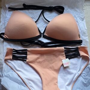 PINK Victoria's Secret Peach and Black Bikini Set